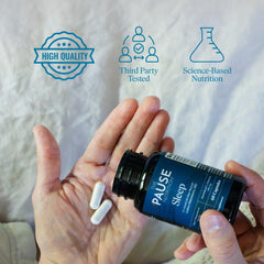 Front view of The 'Pause Life Sleep bottle highlighting gluten free, nighttime formula.