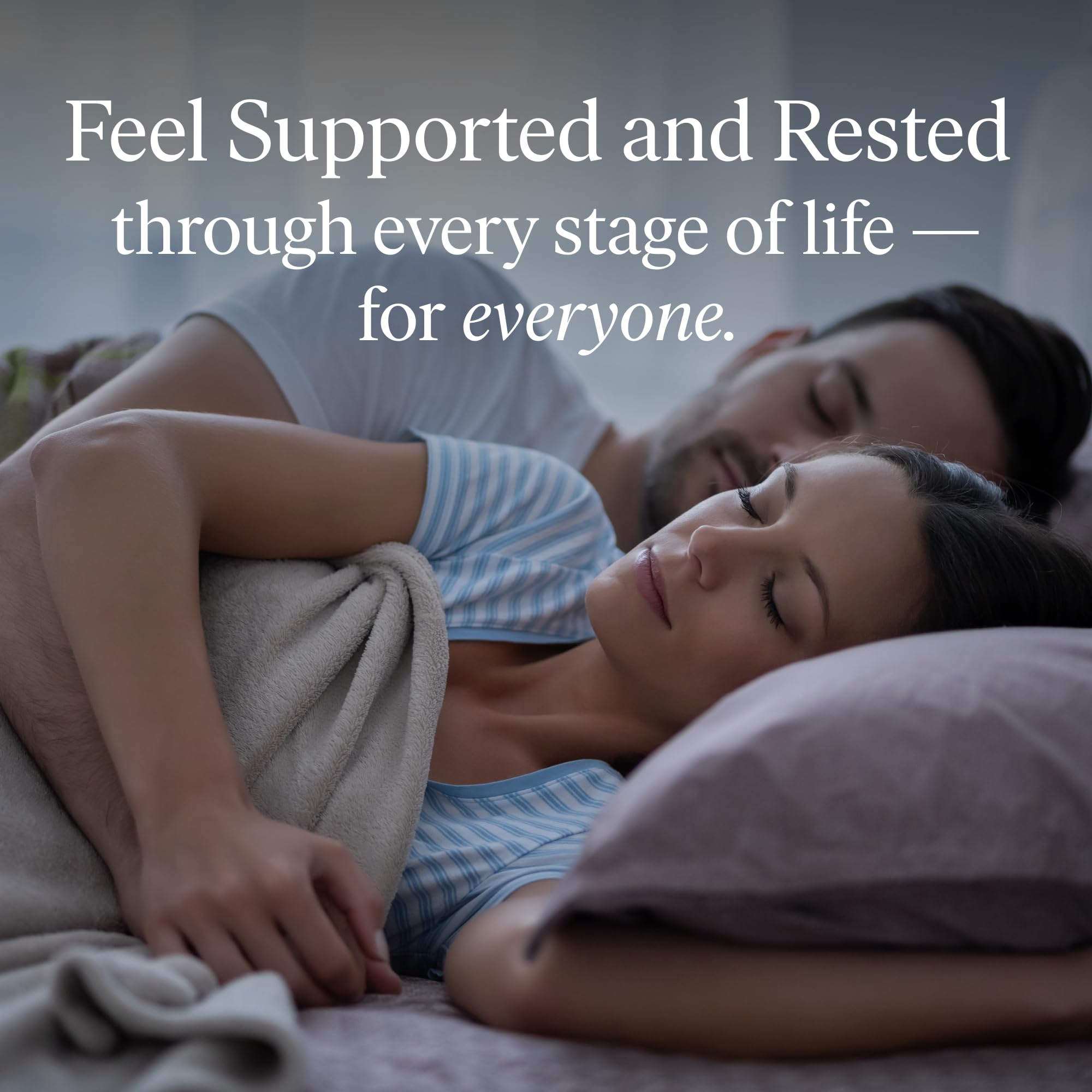 Lifestyle shot depicting a peaceful bedtime routine with The 'Pause Life Sleep.