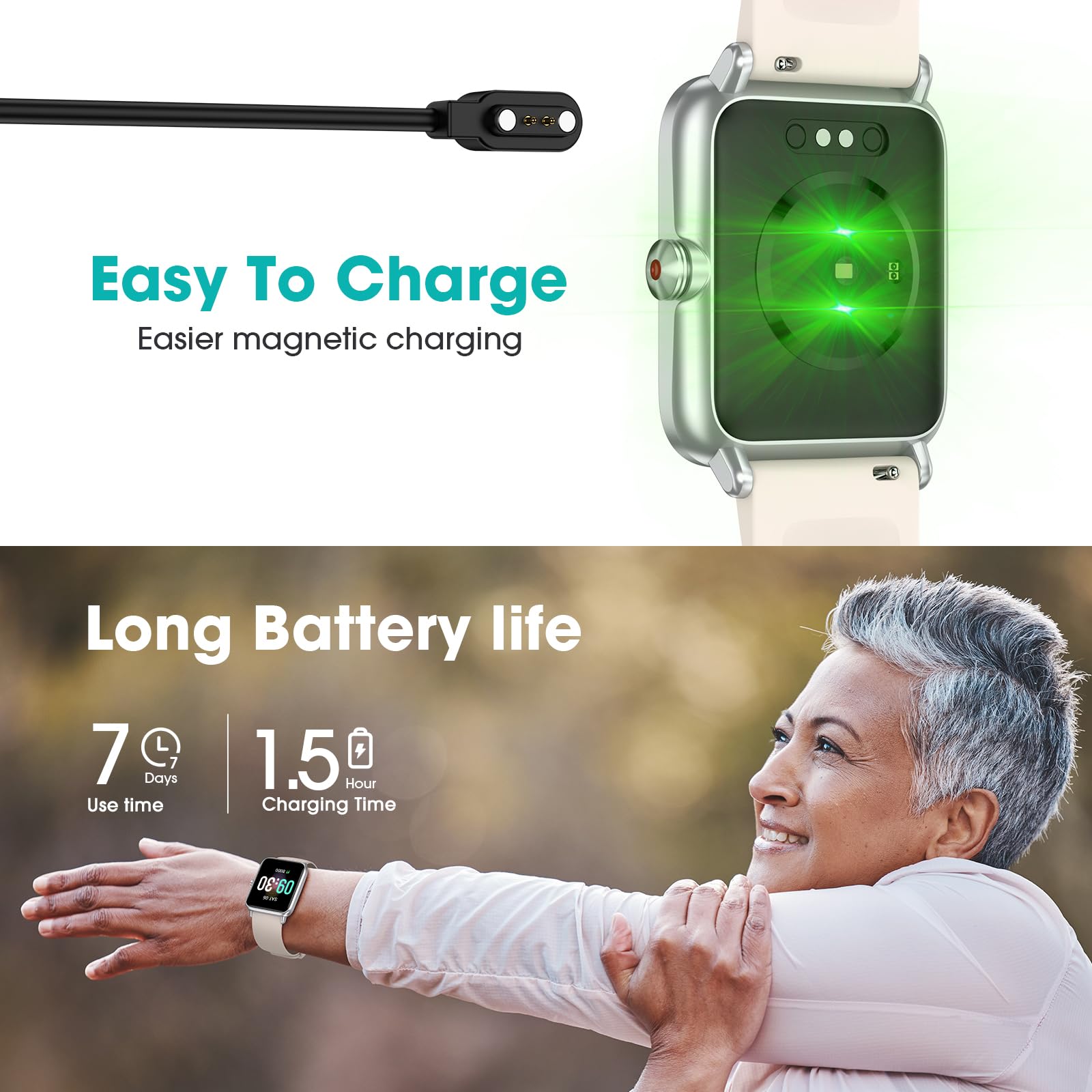 Pautios Pedometer Watch magnetic charging enables quick, easy recharging.