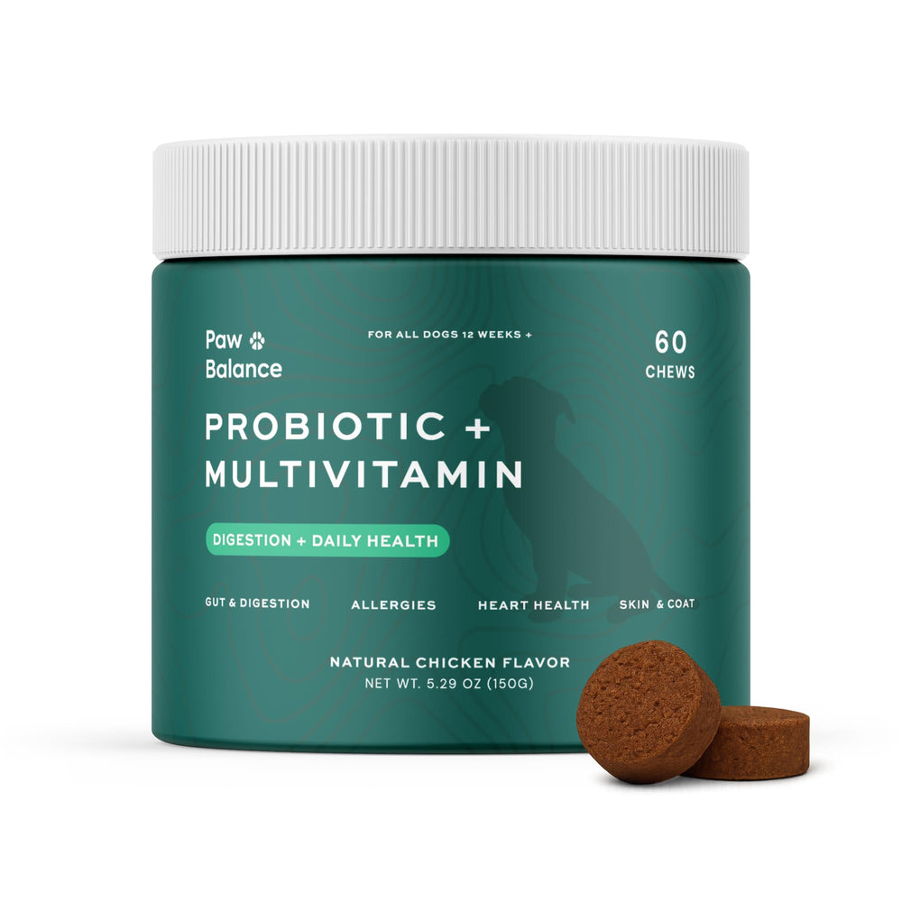 Paw Balance dog probiotics bottle label highlighting gut health and immune support.