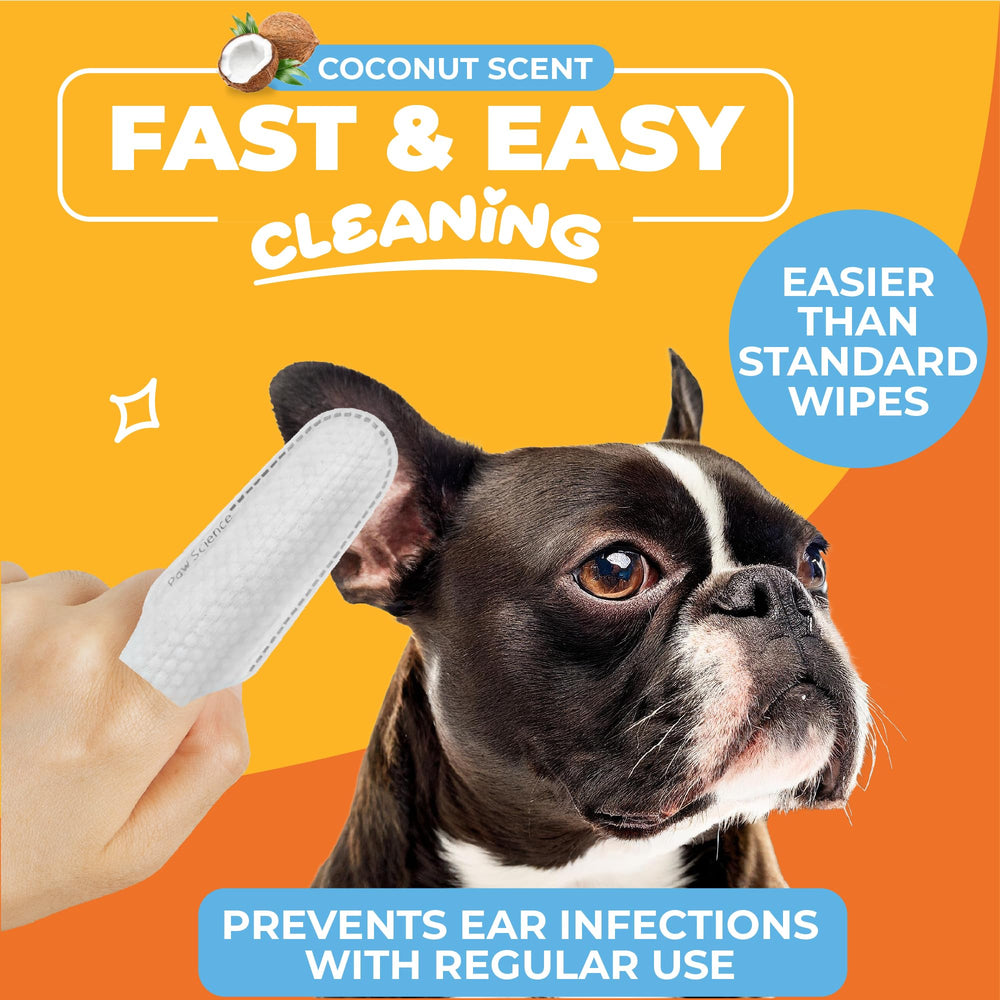 Paw Science dog ear cleaner wipes pack graphic highlights gentle, hypoallergenic ear care.