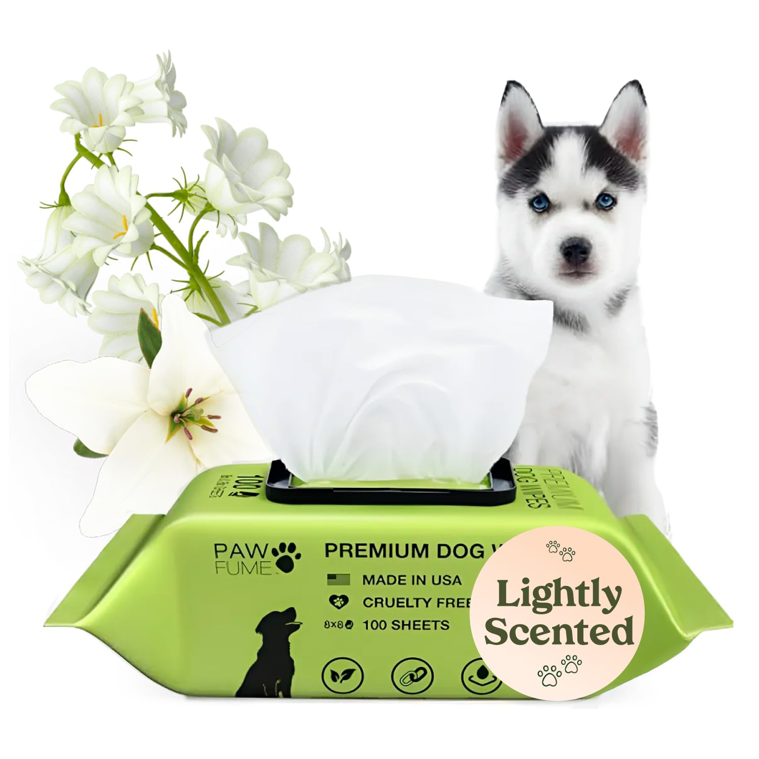 Paw Fume eye wipes with moisture-lock for a clean, comfortable eye area.