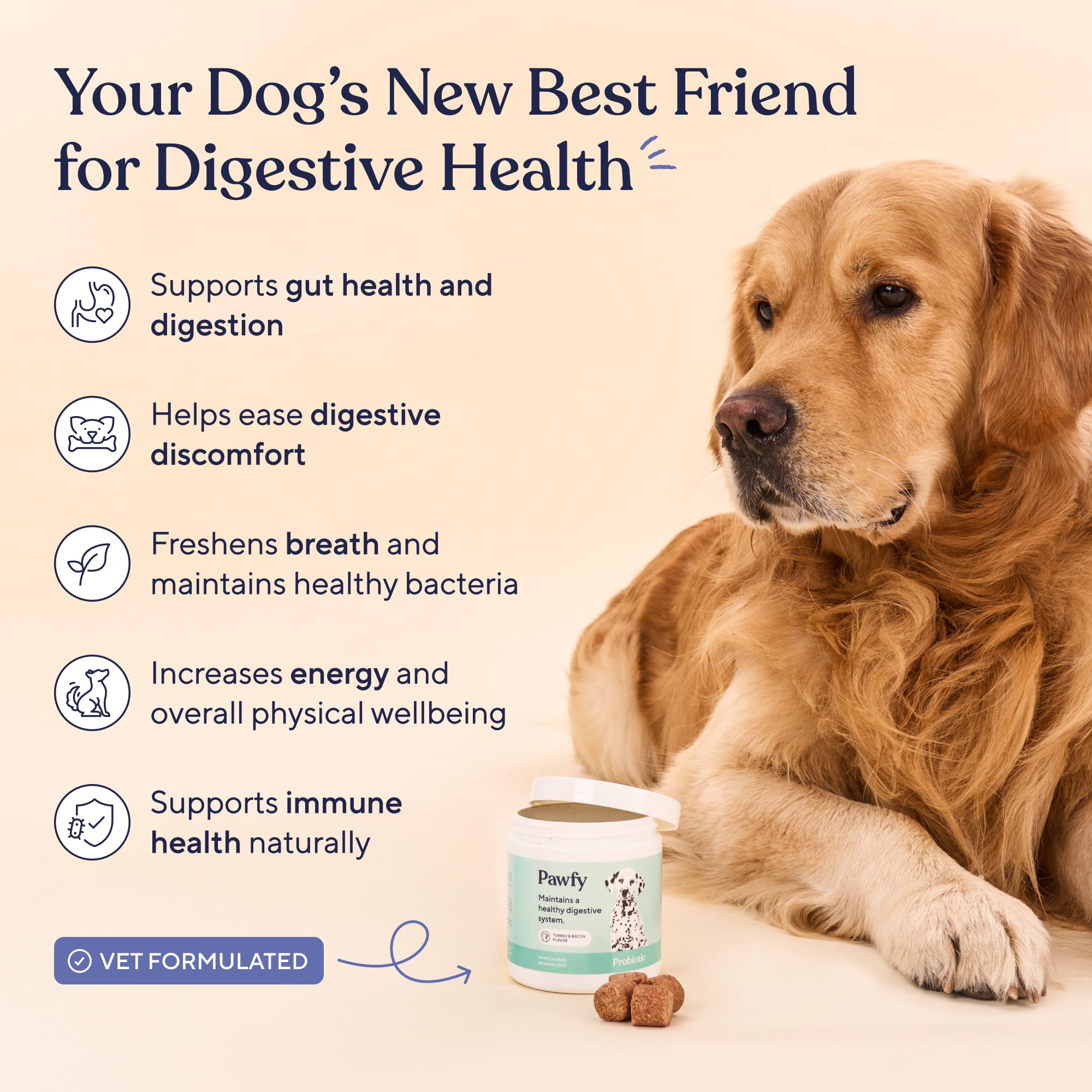 Pawfy Probiotics for Dogs bacon chews closeup promotes tasty, easy daily supplementation.
