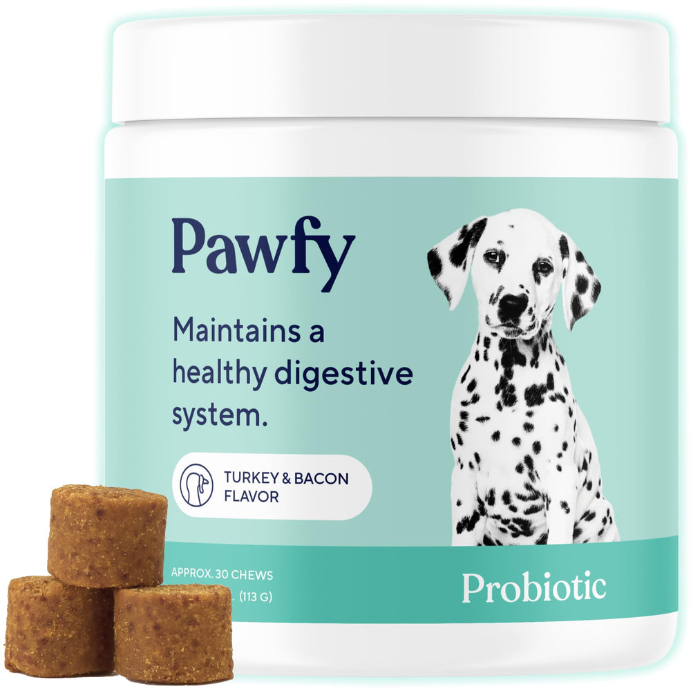 Pawfy Probiotics for Dogs bacon chews pack supports digestive comfort and regularity.