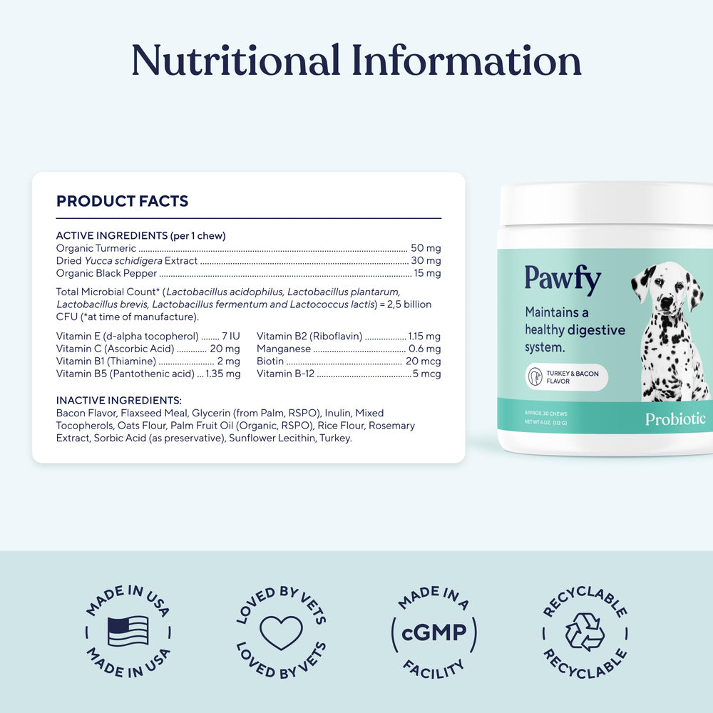 Pawfy Probiotics for Dogs chews closeup shows texture and flavor support.