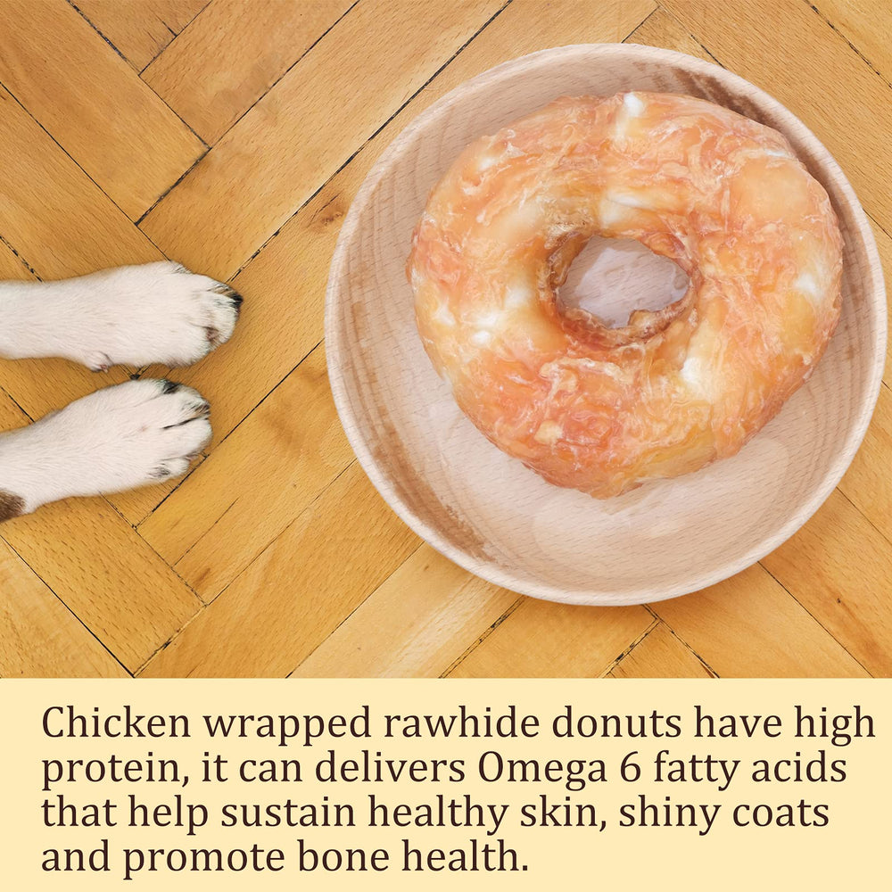Pawmate donut serving suggestion with medium-large dog enjoying treat.