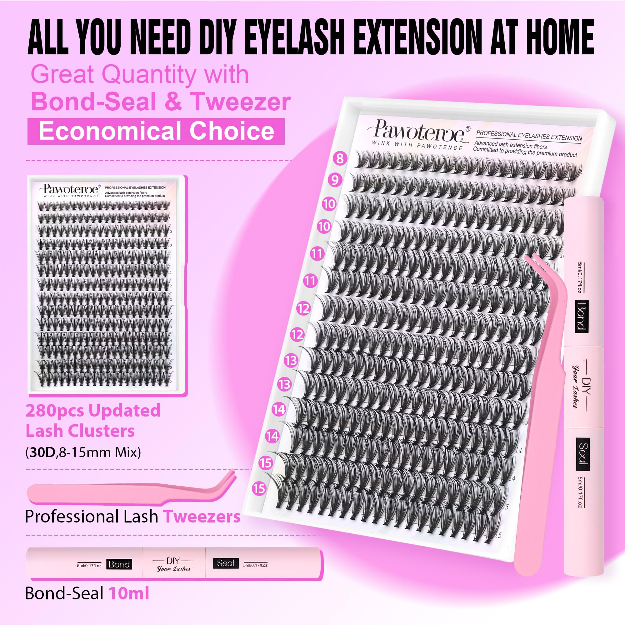 Pawotence 30D cluster lashes 8-15mm close-up for natural-looking fullness.