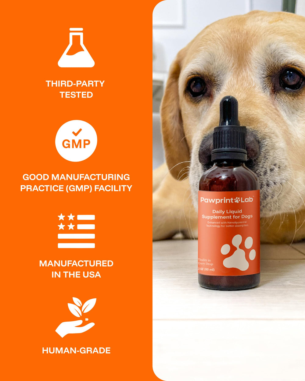 PAWPRINT LAB logo with resveratrol and CoQ10 on ingredient panel.