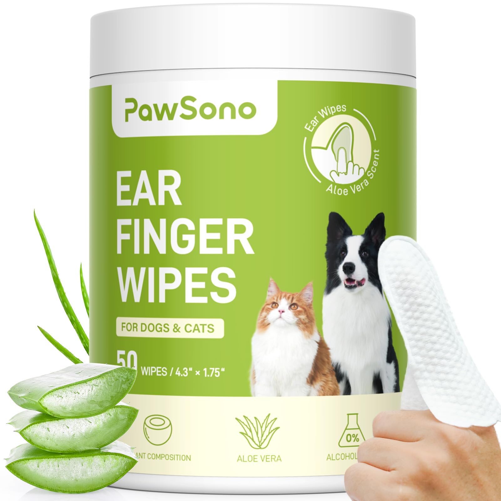 PawSono ear wipes packaging highlights convenience and all-natural formula.