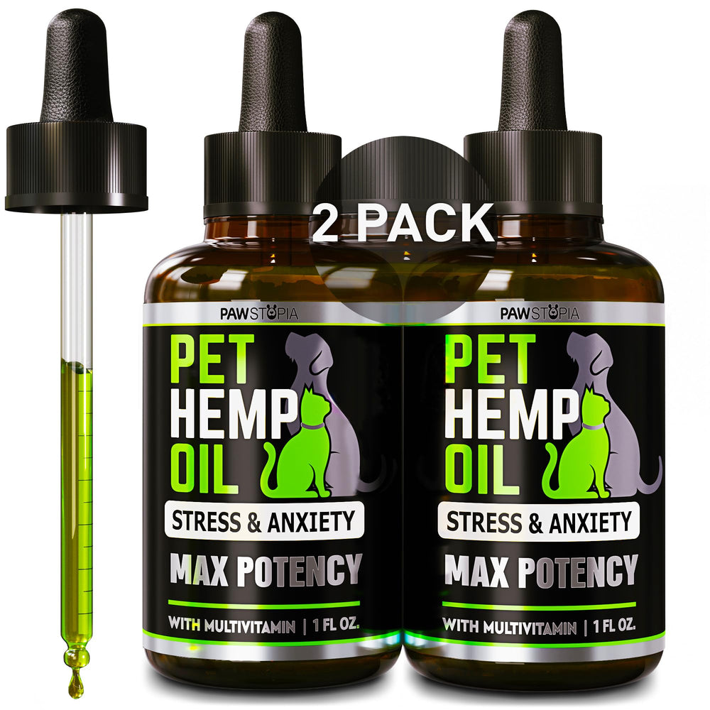Pawstopia hemp oil bottle for dogs and cats promotes calm moods