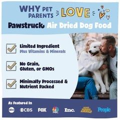 Pawstruck air dried dog food no-fillers pack emphasizes clean ingredients.