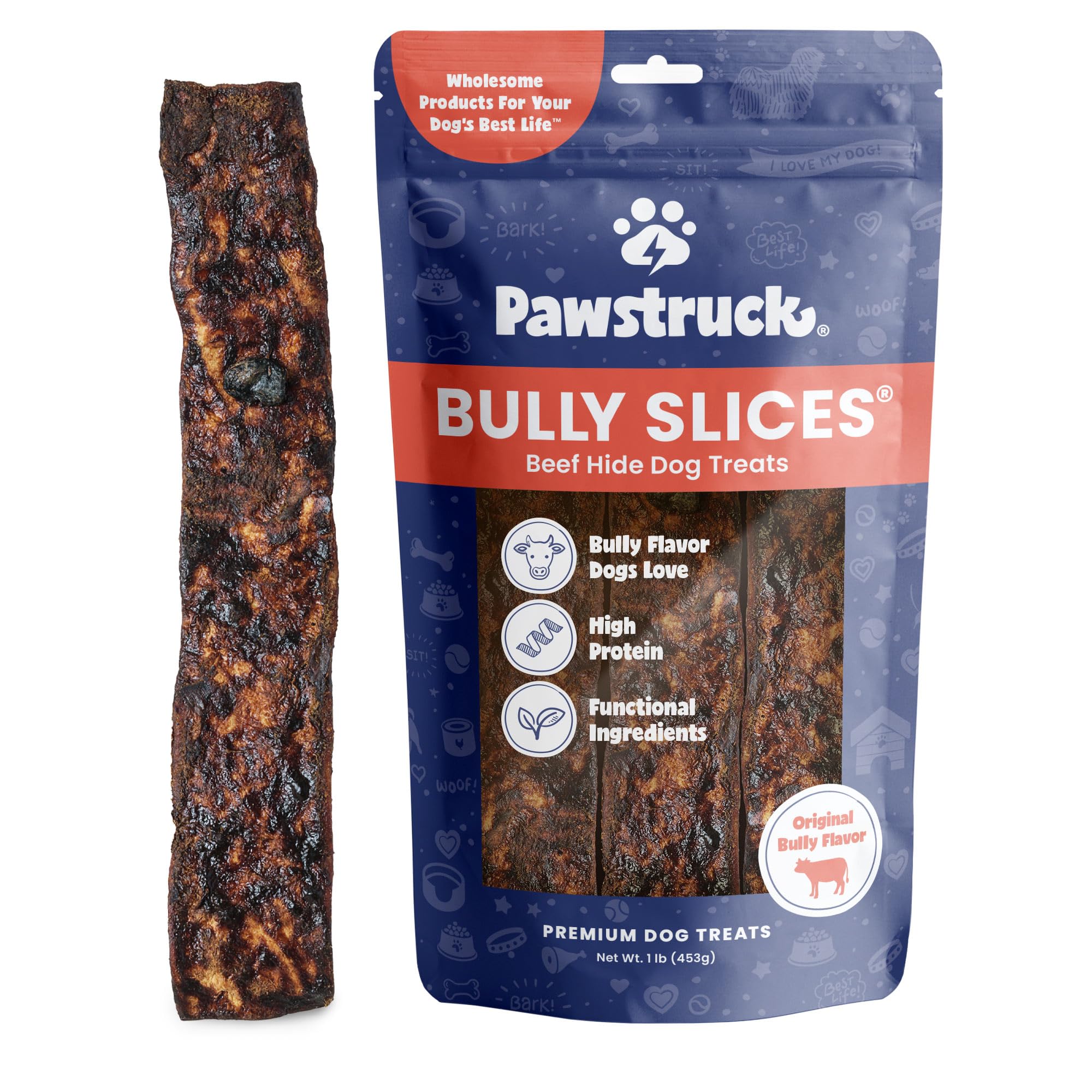 Pawstruck bully slices beef flavor packaging; premium chew option for dogs.