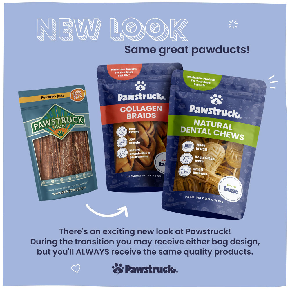 Pawstruck digestible rawhide chews shown for dental-friendly chewing.