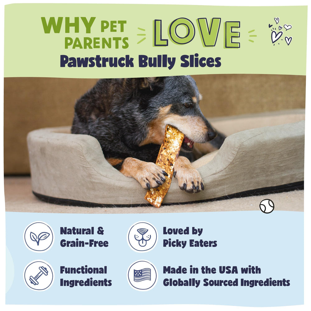 Pawstruck flavored rawhide slices appear as tasty, ingredient-forward treats.