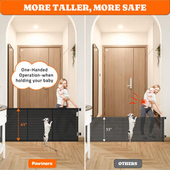 Pawtners tall gate with 41-inch height deters climbing and blocks stair access safely.