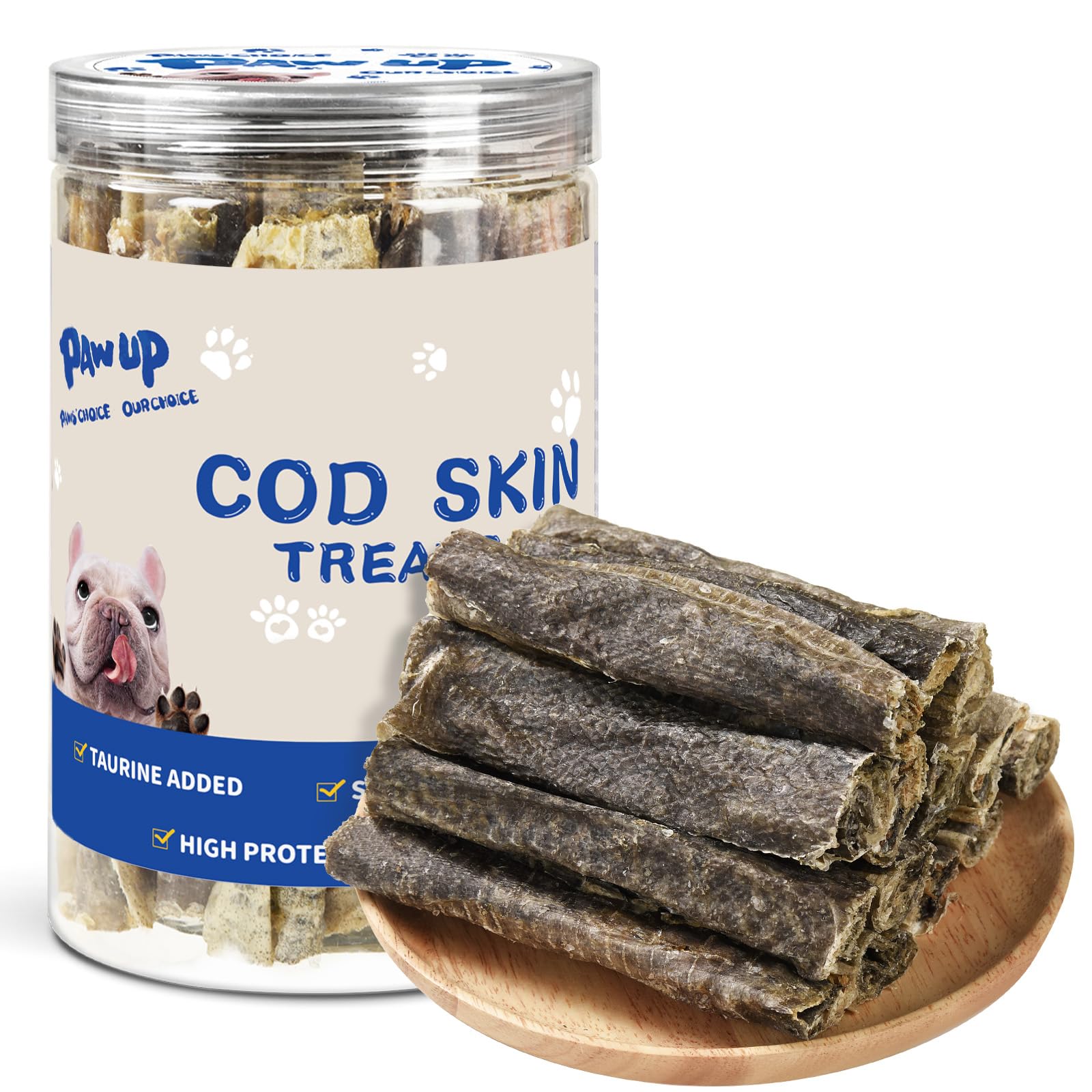 PAWUP cod skin roll dog treat, savory chew for coat shine and dental health.