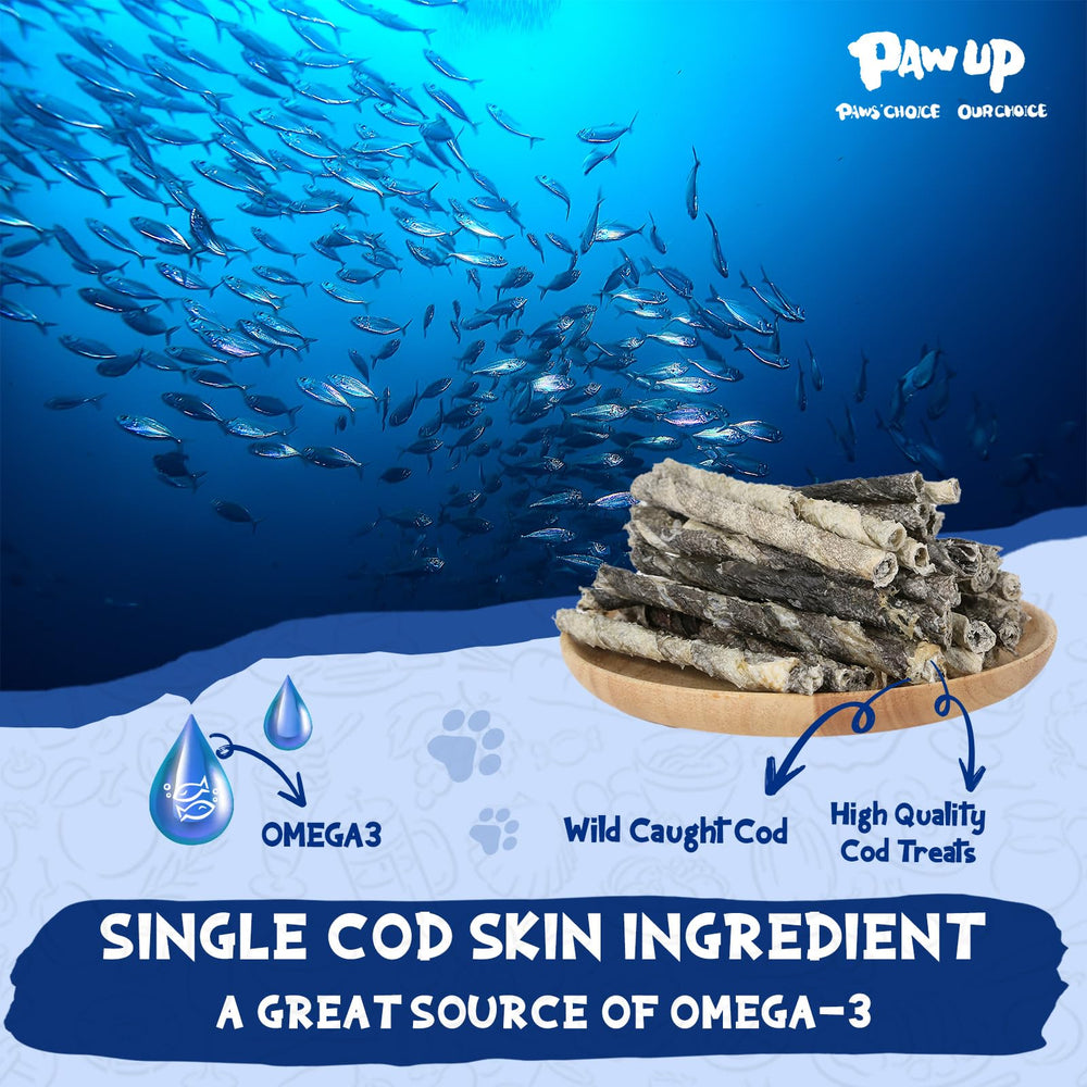 PAWUP Cod Skin Rolls dental action shot suggests chewing promotes oral hygiene