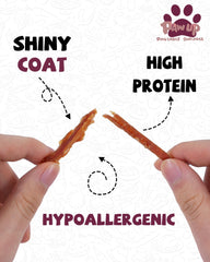PAWUP duck jerky strips close-up showing meaty texture and quality.