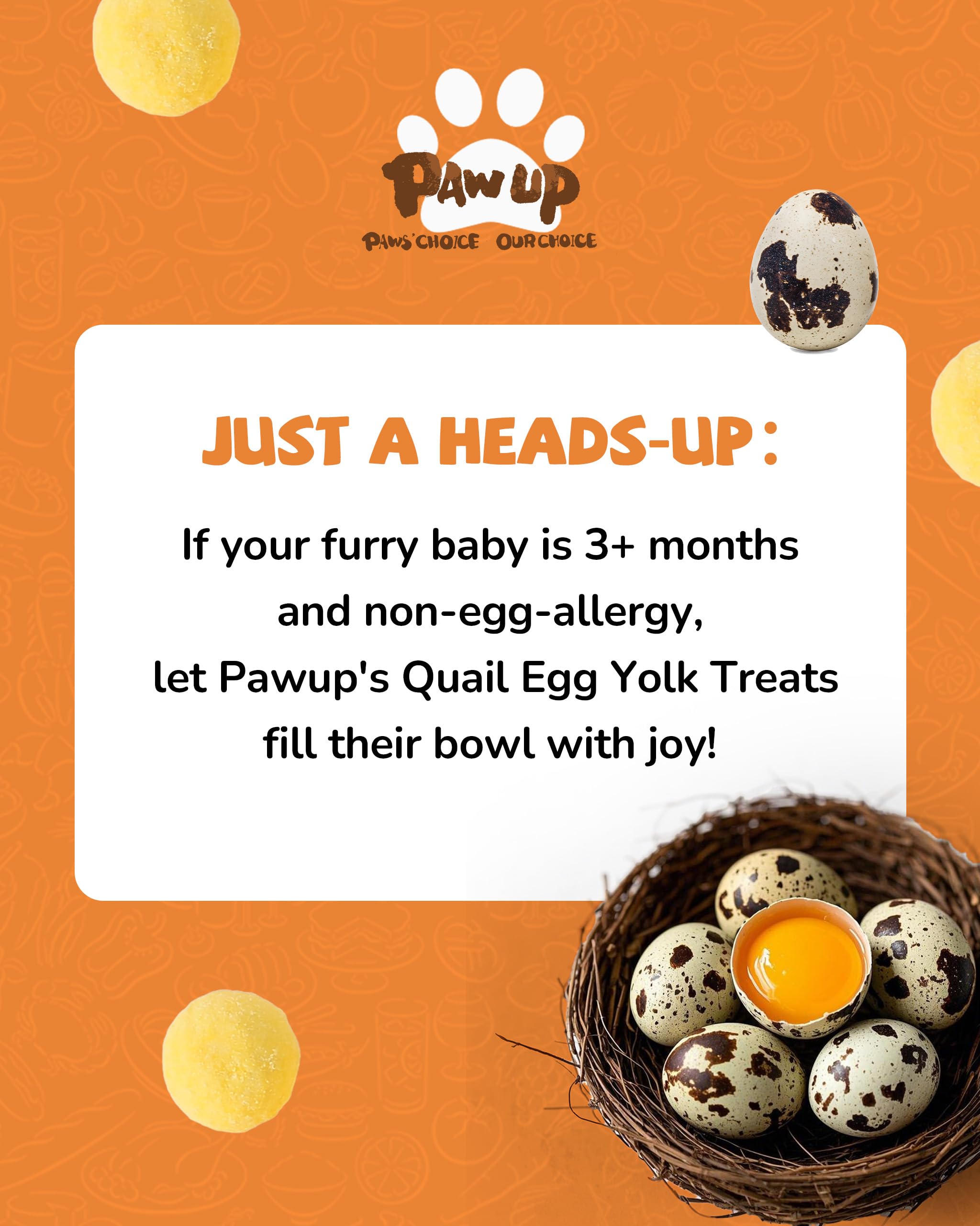PAWUP ingredients label focusing on pure quail egg yolks.