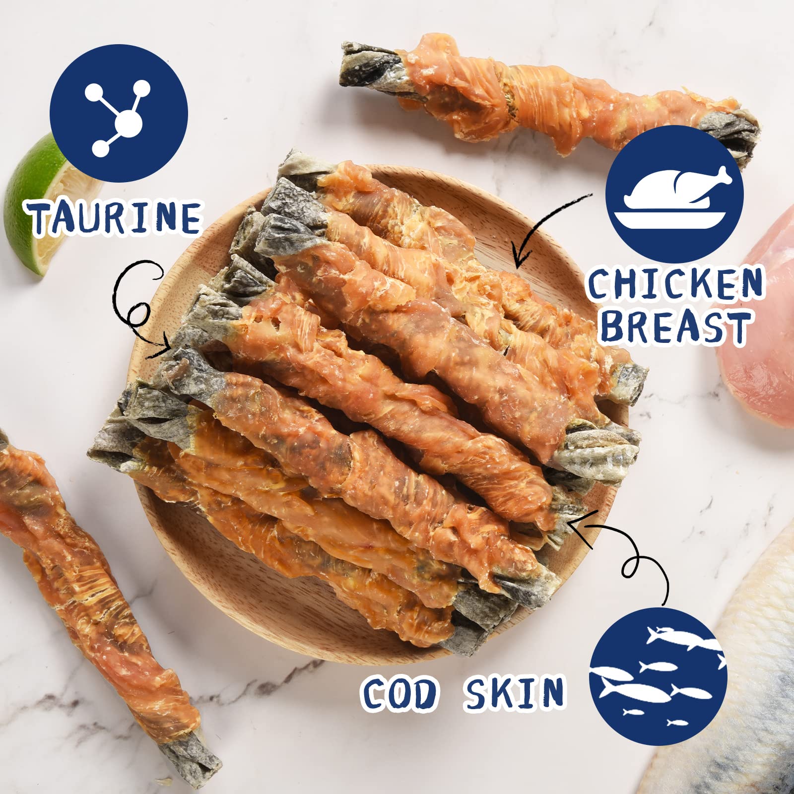 PAWUP natural cod skin treats with simple ingredients for sensitive dogs.
