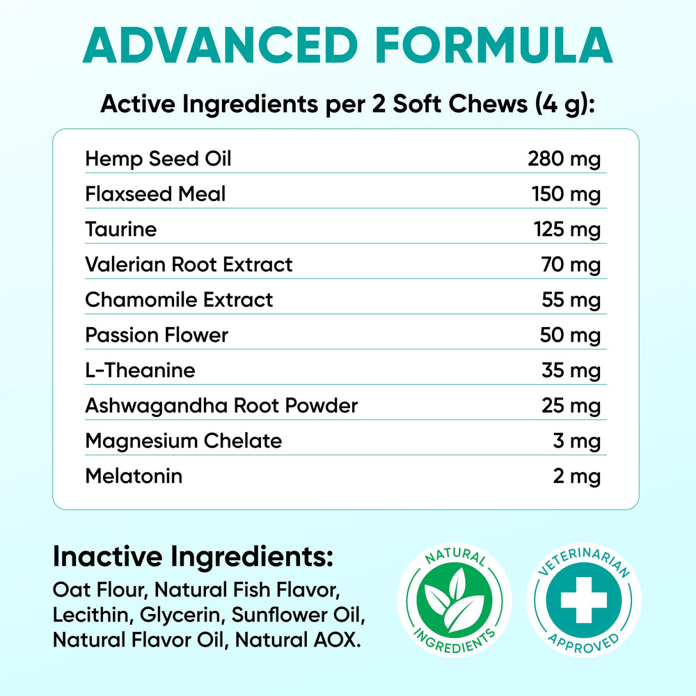 Pawzitive Pets chamomile hemp blend close-up for gentle relaxation.