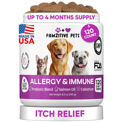 Pawzitive Pets dog allergy relief chews bottle highlights omega-3 skin support