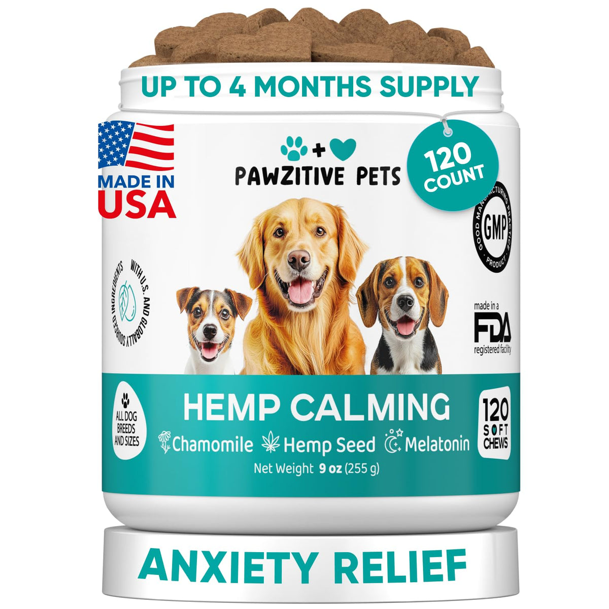 Pawzitive Pets hemp calming chews front label for gentle dog relaxation during vet visits.