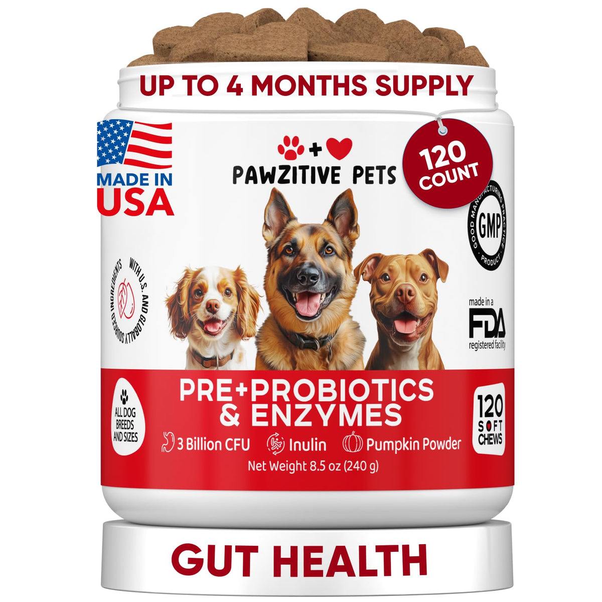 Pawzitive Pets probiotic chews for dogs support gut health and immunity.