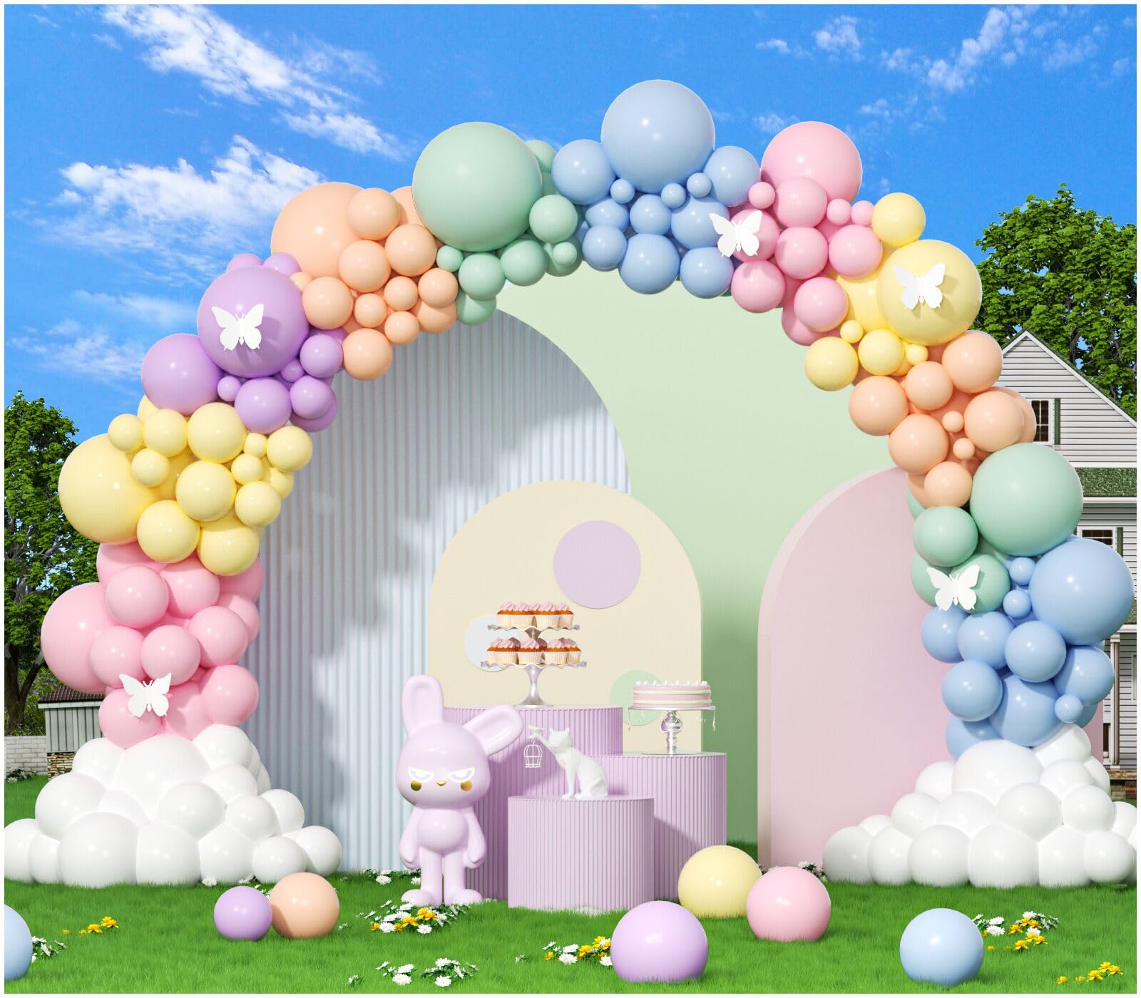 PAXILE pastel arch kit shown as versatile decor for indoor and outdoor events.