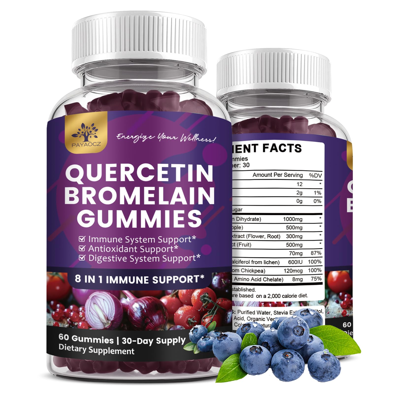 PAYAOCZ quercetin gummies in blueberry bottle for daily immune support.