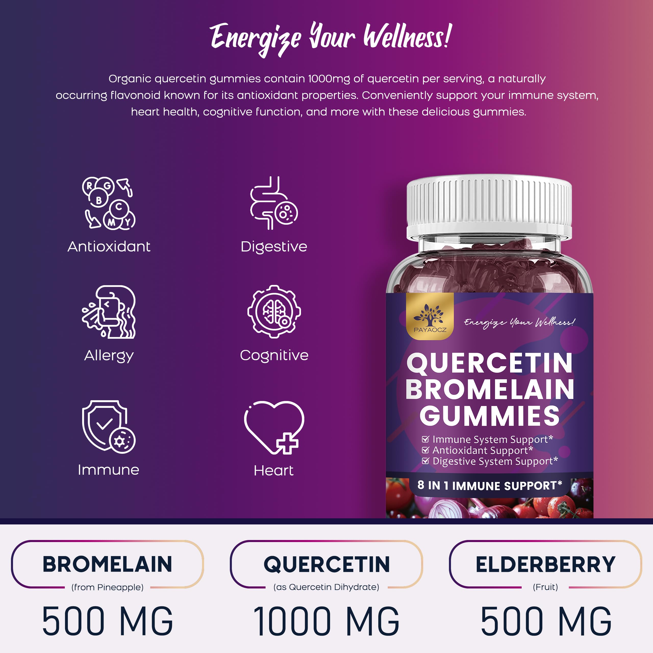 Close-up of PAYAOCZ quercetin gummies showing chewy texture.
