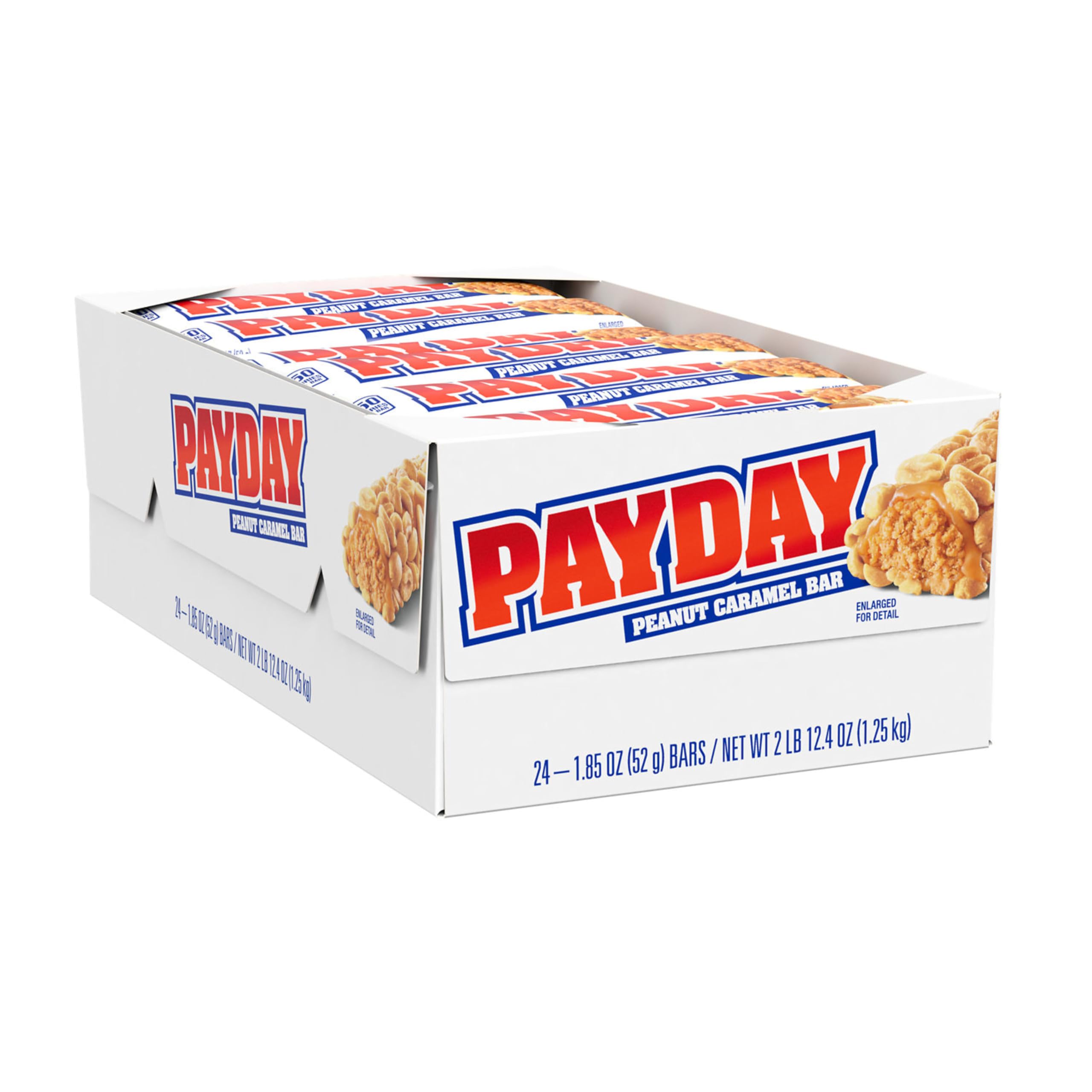 Close-up of PayDay bars showing crunchy peanuts and creamy caramel