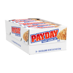 Close-up of PayDay bars showing crunchy peanuts and creamy caramel