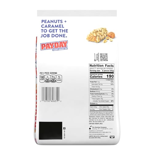 Closeup of PAYDAY Peanut Caramel Snack Size bars, highlighting crunchy peanuts and caramel