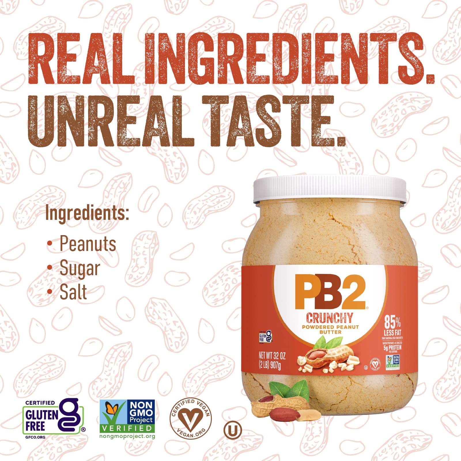PB2 Crunchy Powdered Peanut Butter ingredients label, highlights simple ingredients.