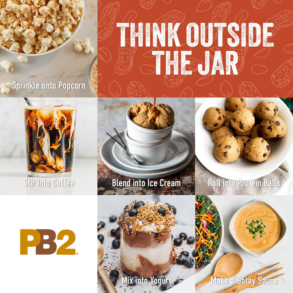 PB2 Crunchy Powdered Peanut Butter package on kitchen counter, convenient pantry staple.