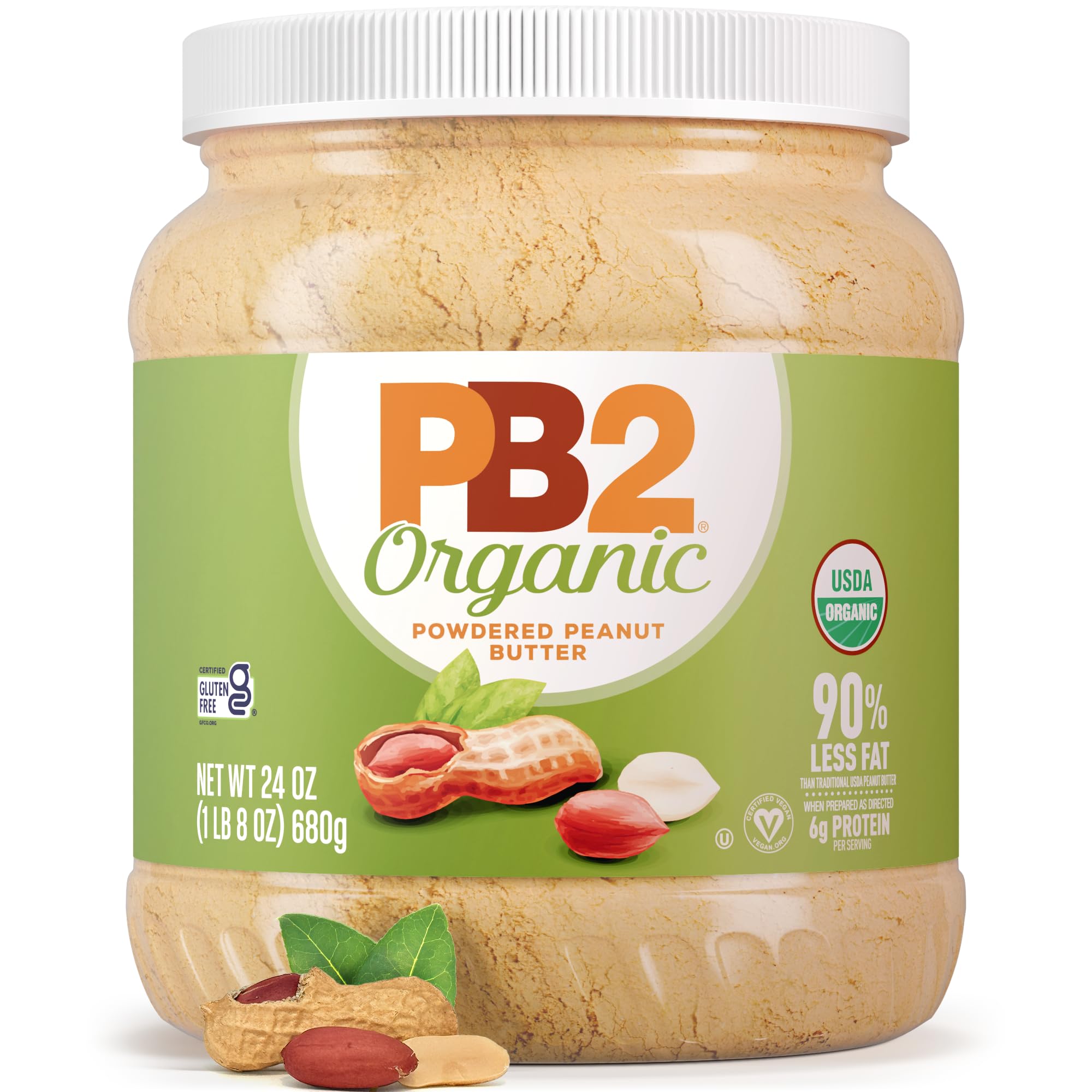 PB2 Organic powdered peanut butter jar front view with organic certification.