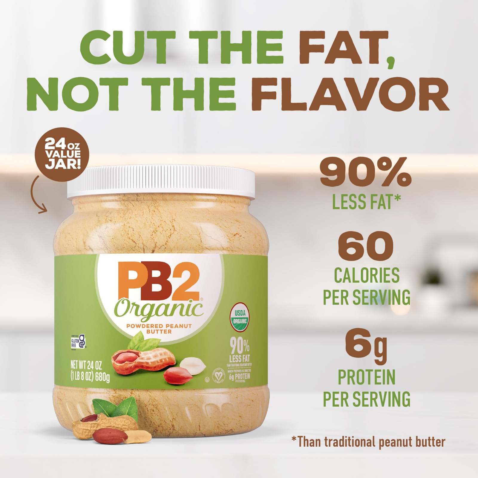 Scoop of PB2 powder ready for smoothies and bowls.