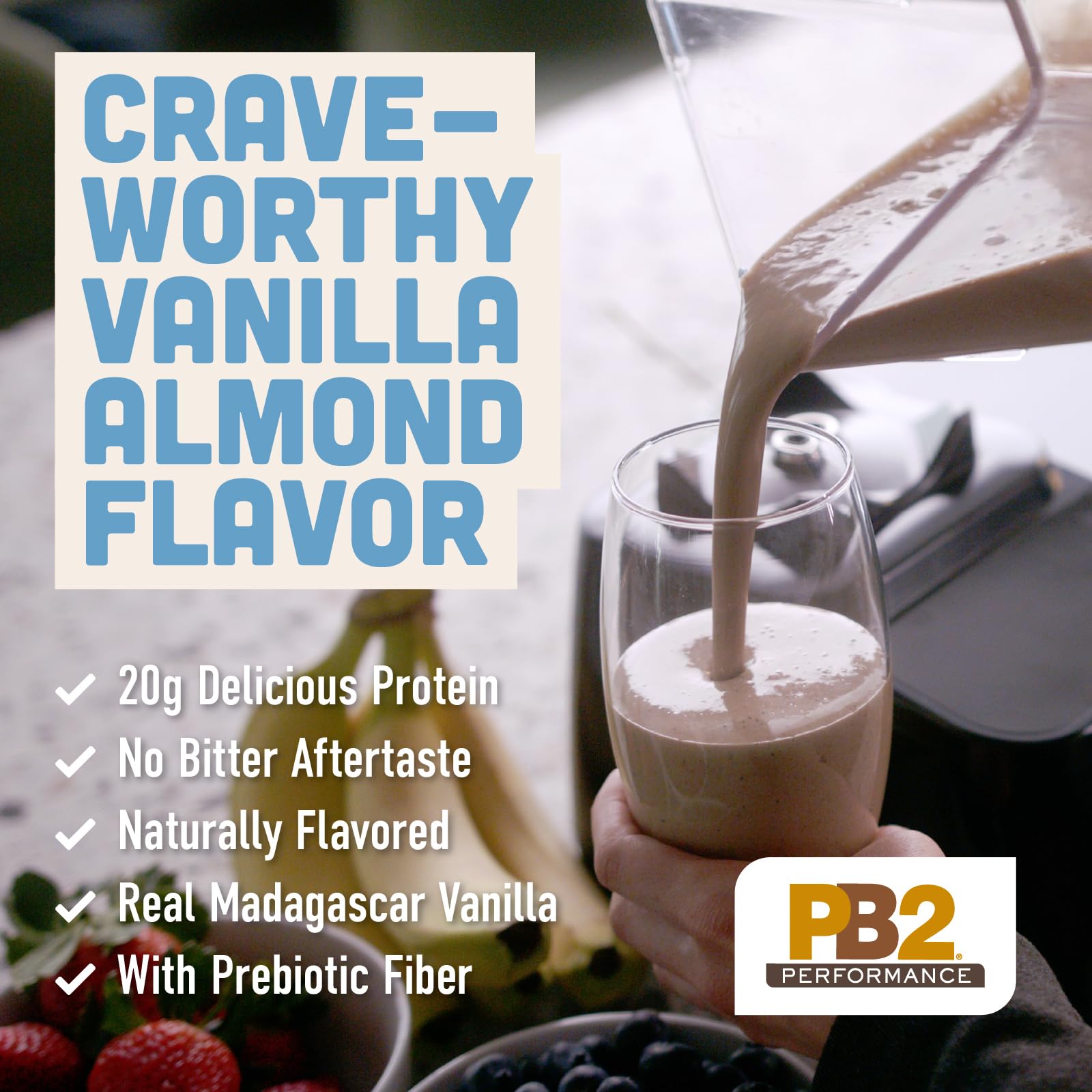 PB2 Performance almond protein powder with Madagascar vanilla aroma enhances taste.