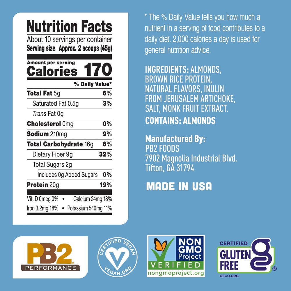 PB2 Performance almond protein powder includes prebiotic fiber for gut health.