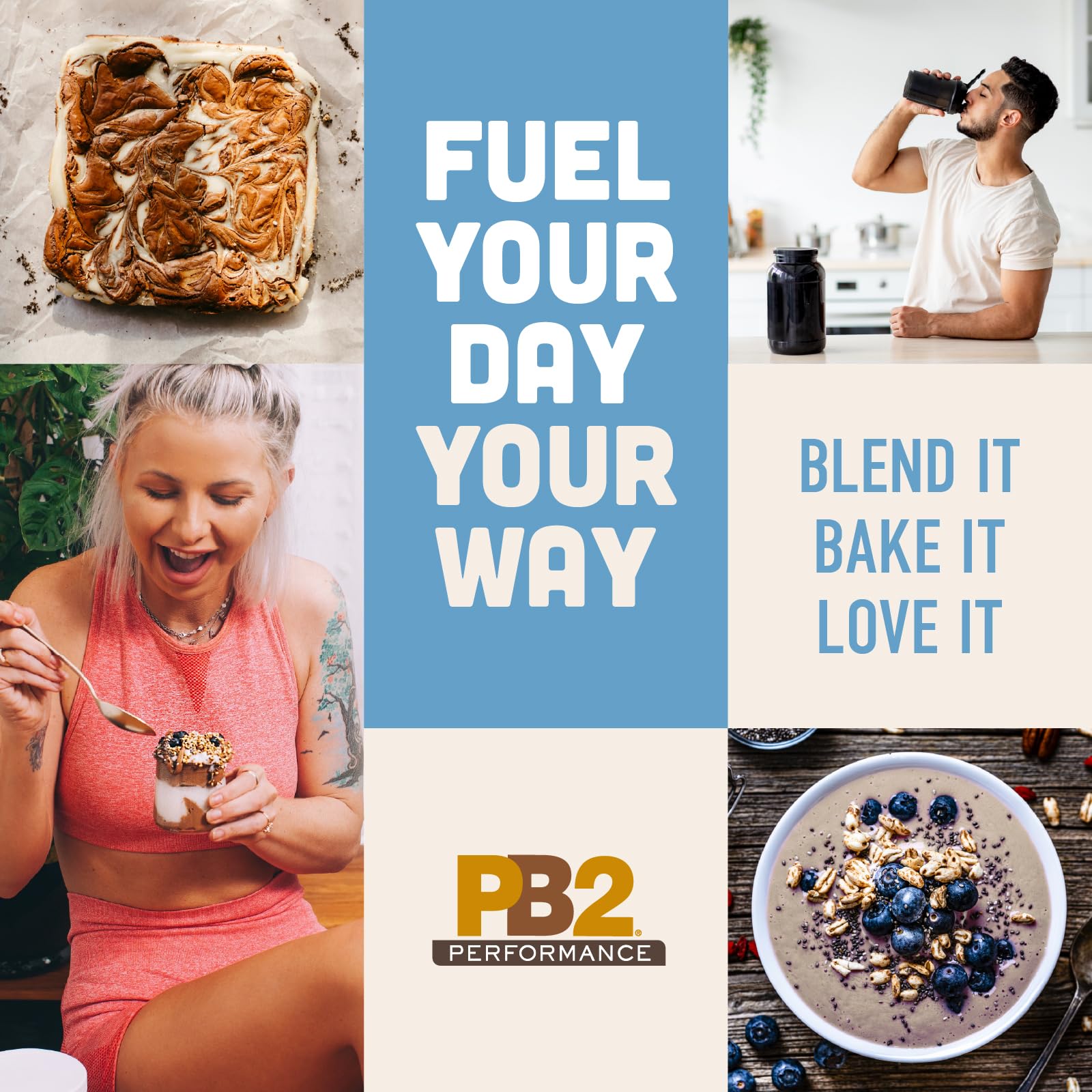 PB2 Performance almond protein powder shows zero added sugars.
