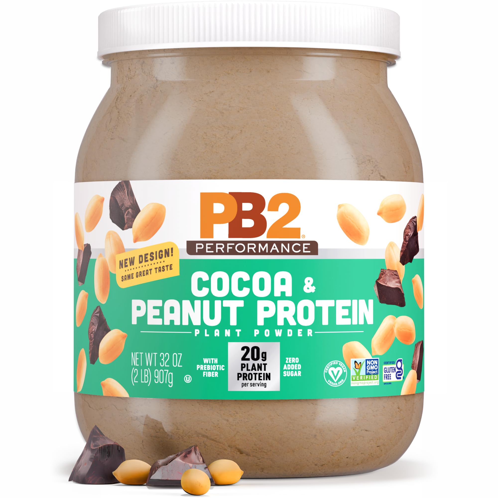 PB2 Performance Protein front view canister with cocoa-peanut powder, ideal for vegan protein shakes.