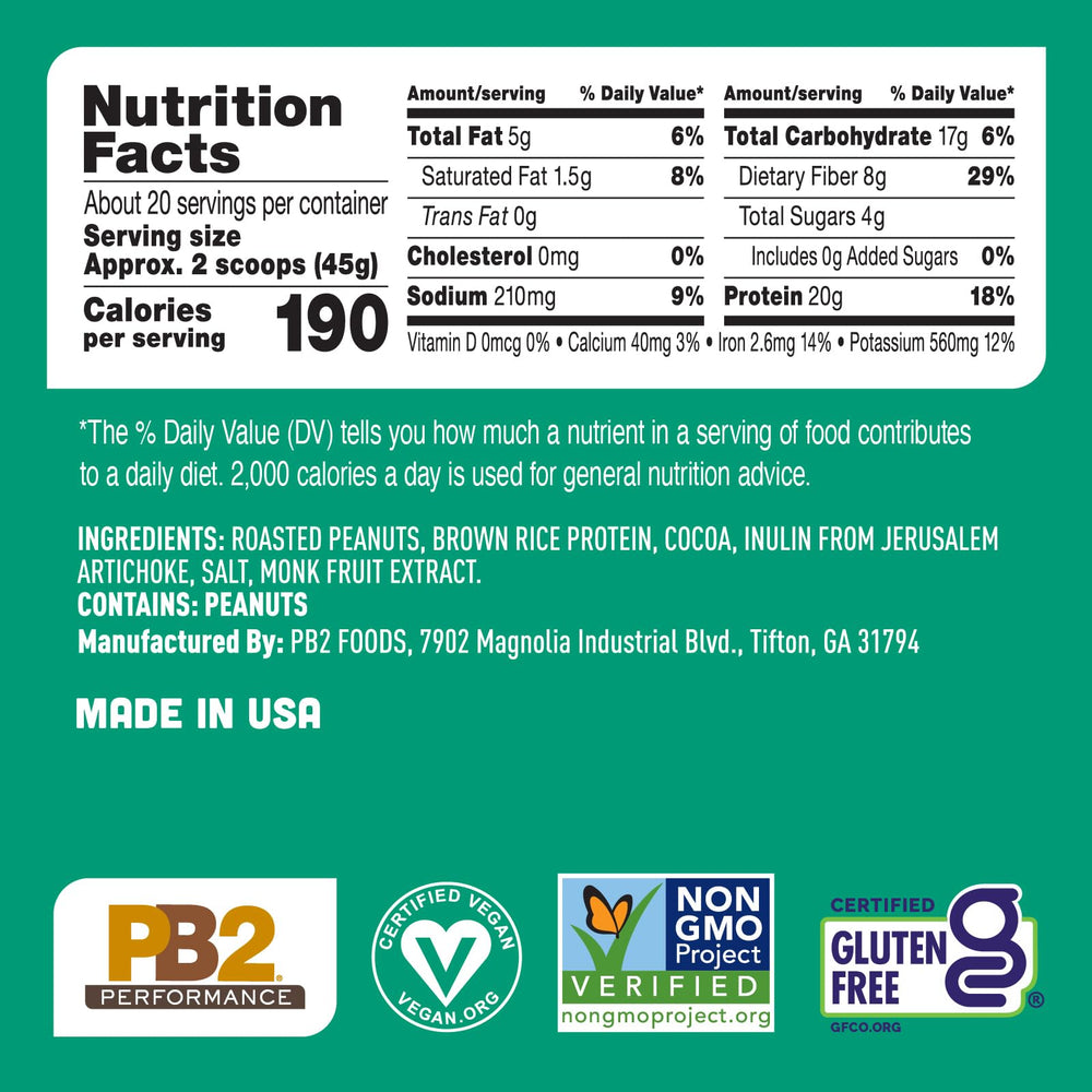 PB2 Performance Protein vegan certification badge closeup reinforces plant-based protein trust.