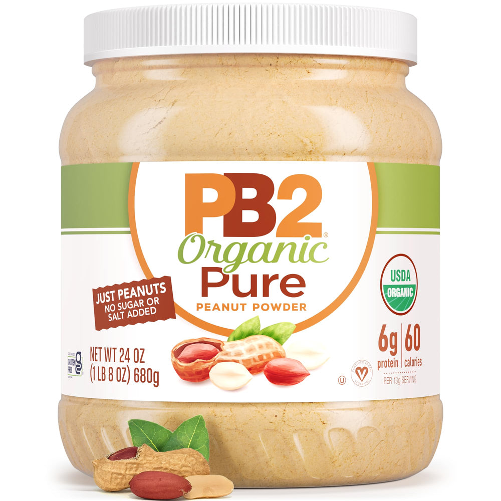 PB2 Pure Organic Powdered Peanut Butter jar shows single organic ingredient and rich flavor.