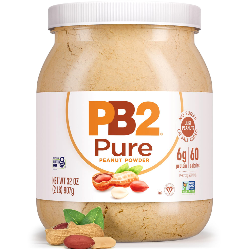 PB2 Pure Peanut Butter Powder jar front highlighting all-natural ingredients for versatile use.