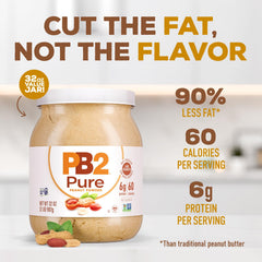 PB2 powder scoop close-up shows easy-to-use form for smoothies and baking.
