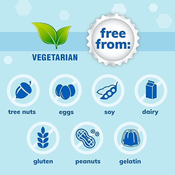 PB8 Probiotic bottle label close-up showing allergen-free formula