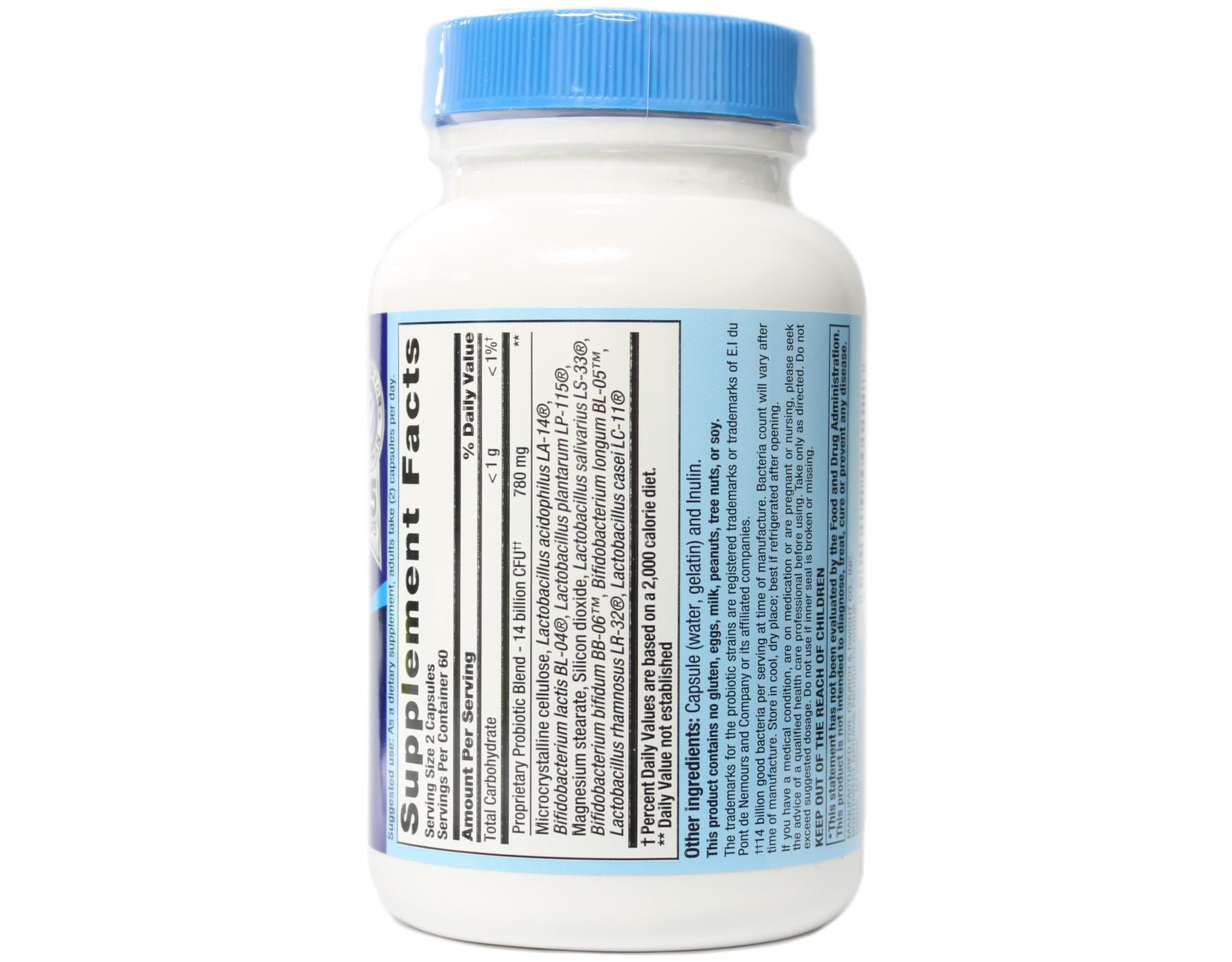 PB8 Probiotic capsules visible inside bottle highlighting 14B CFU and 8 strains