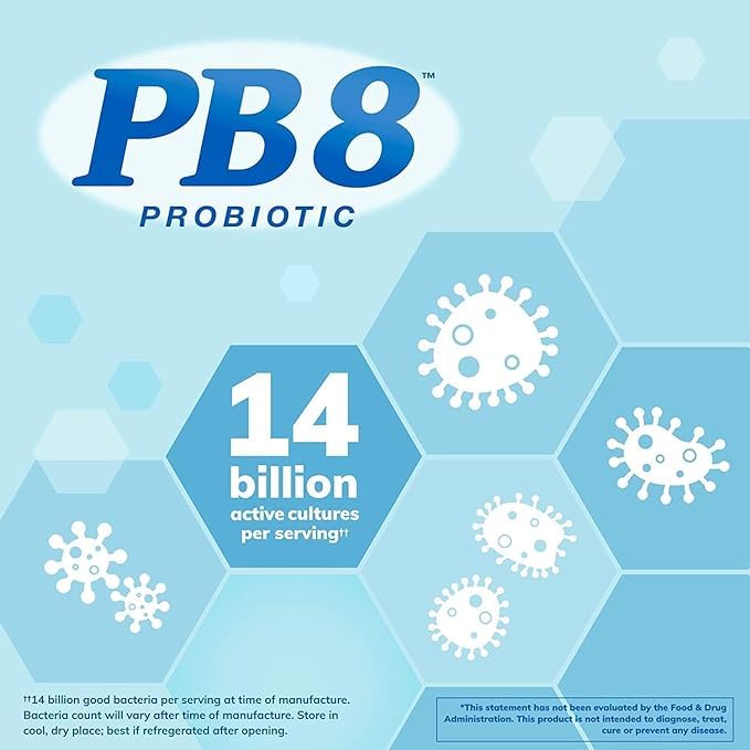 PB8 Probiotic packaging in box illustrating 60-day supply per bottle