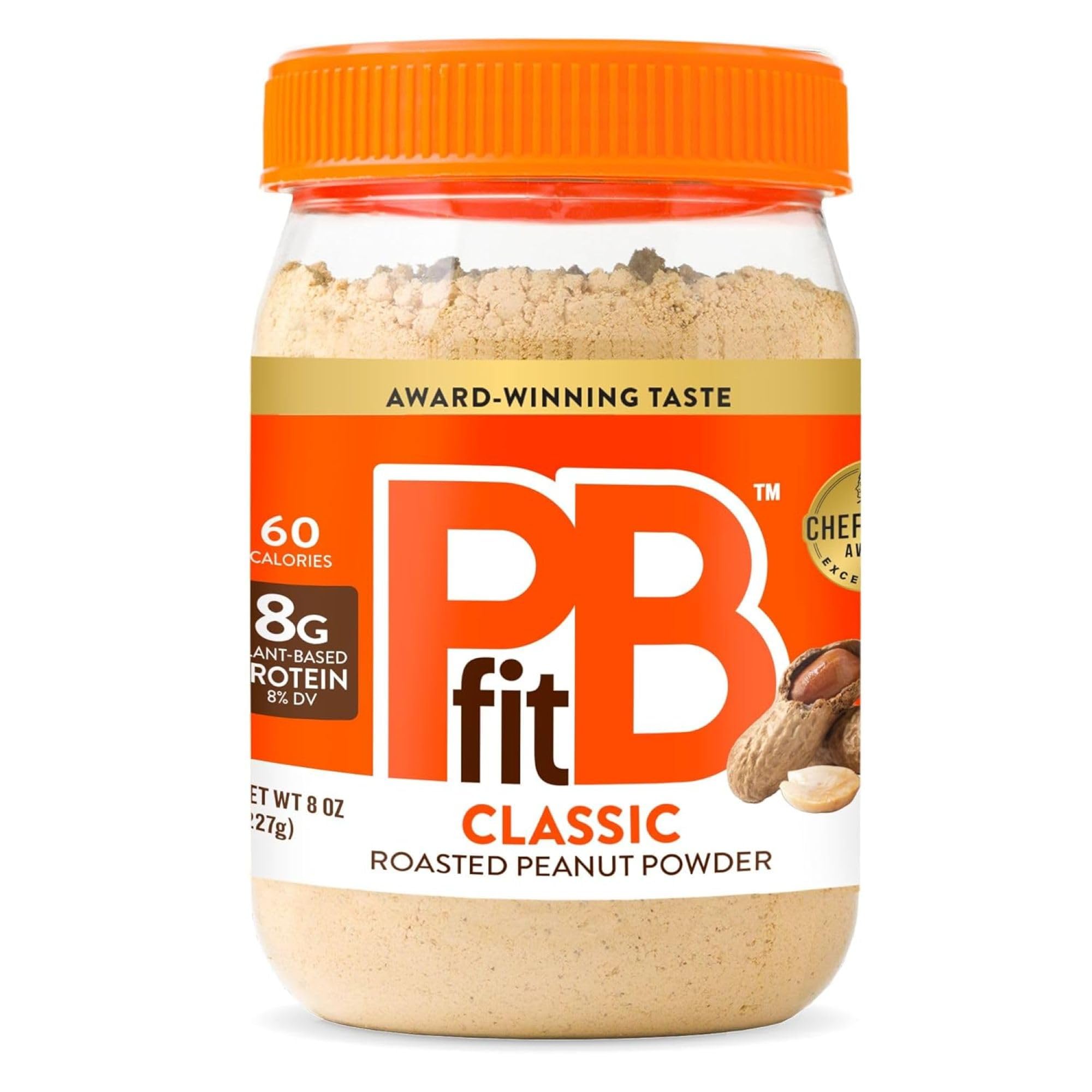 PBfit Classic packaging highlights gluten-free, non-GMO peanut butter powder.